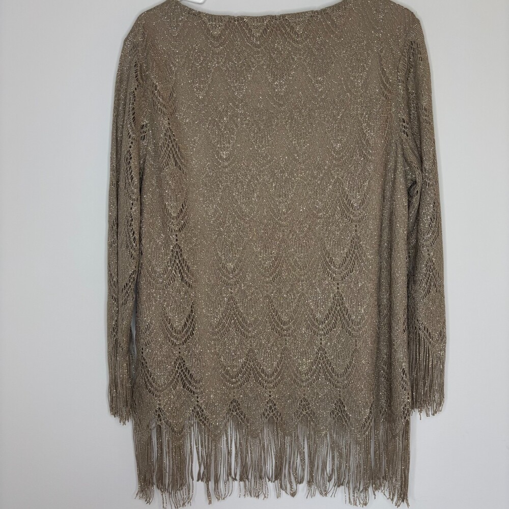 BY CHICO'S Gold Metallic Scallop Hem Fringe Top Womens L Long Sleeve Round Neck - Picture 2 of 7